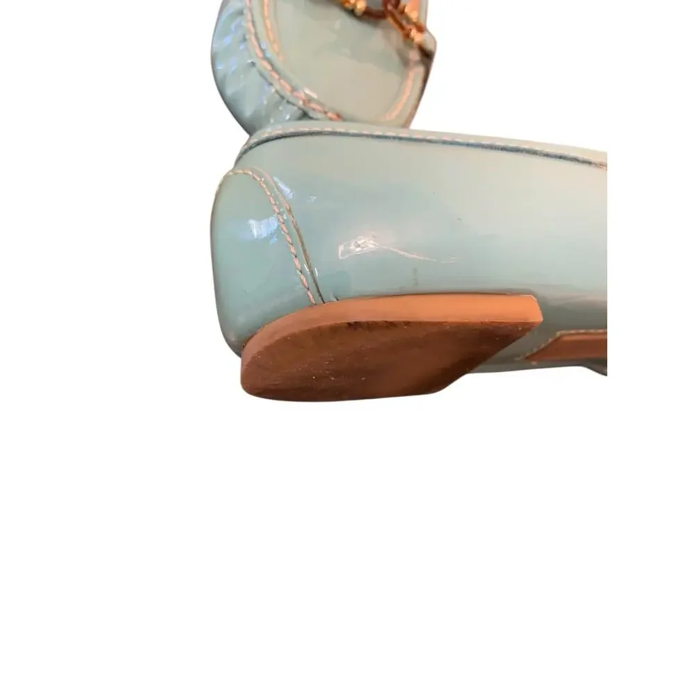 Talbots Teal Patent Leather Loafers Womens 6.5 B Chain Link Flats Brazil
